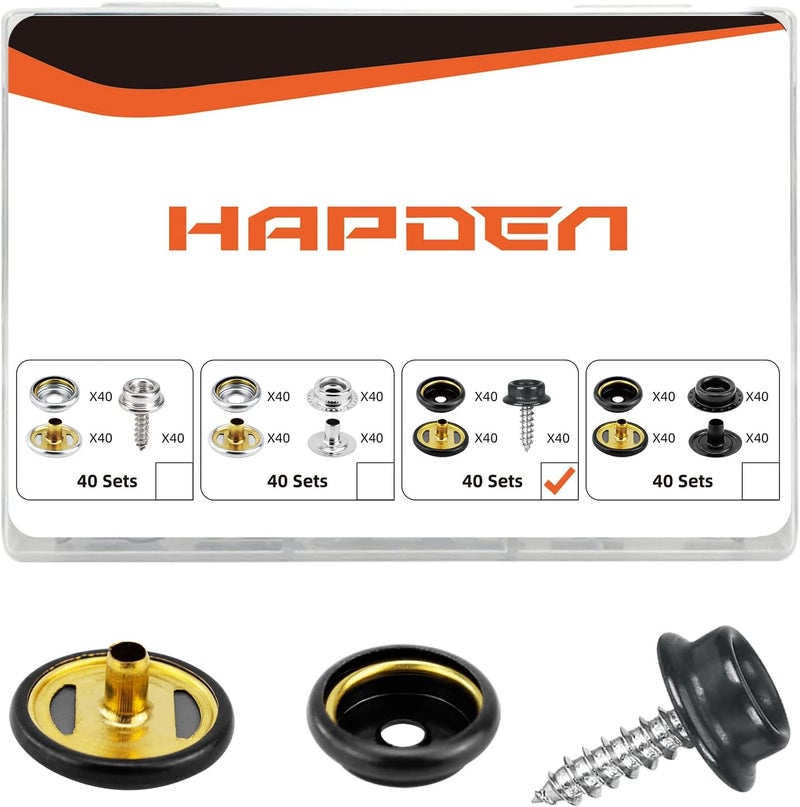HAPDEN 120 Pcs Snap Buttons,Snap Fasteners Kit 15mm Stainless Steel Snaps Marine Grade Boat Canvas Snaps,3/8" Socket Metal Snaps for Clothing Leather Boat Cover Fabric (Screw-Black) - Image 1